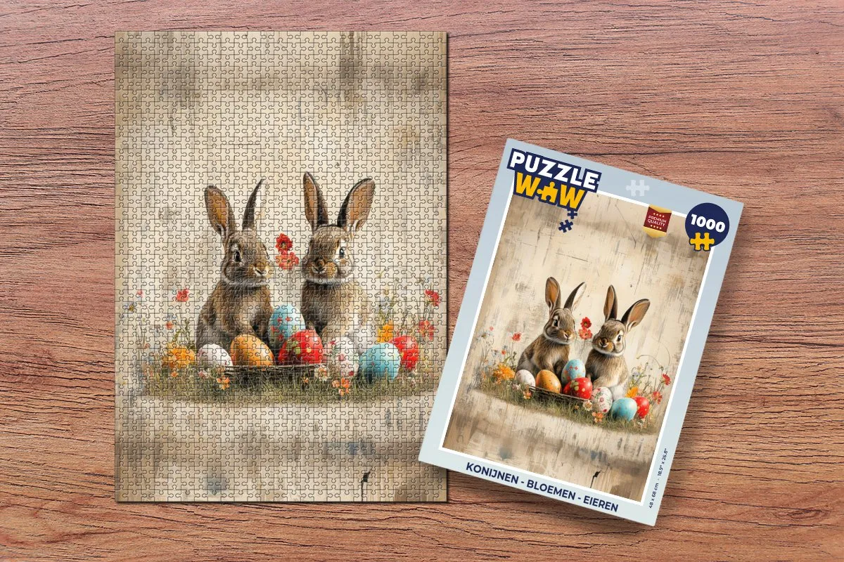 PuzzleWow Konijnen Bloemen Eieren Legpuzzel 1000 Stuks - Vintage