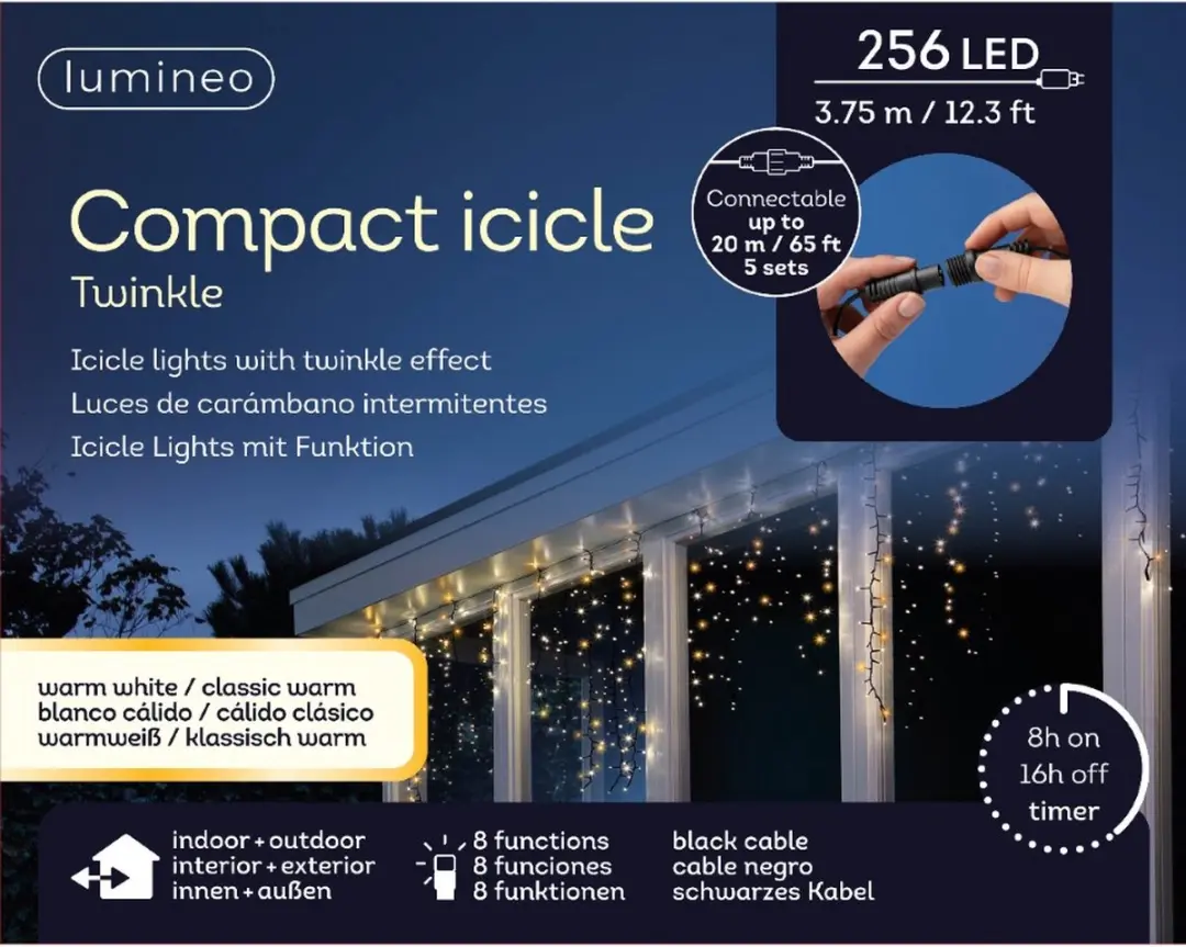 Lumineo kerstverlichting LED Compact Icicle Twinkle 256 lampjes 3,75m, warm wit