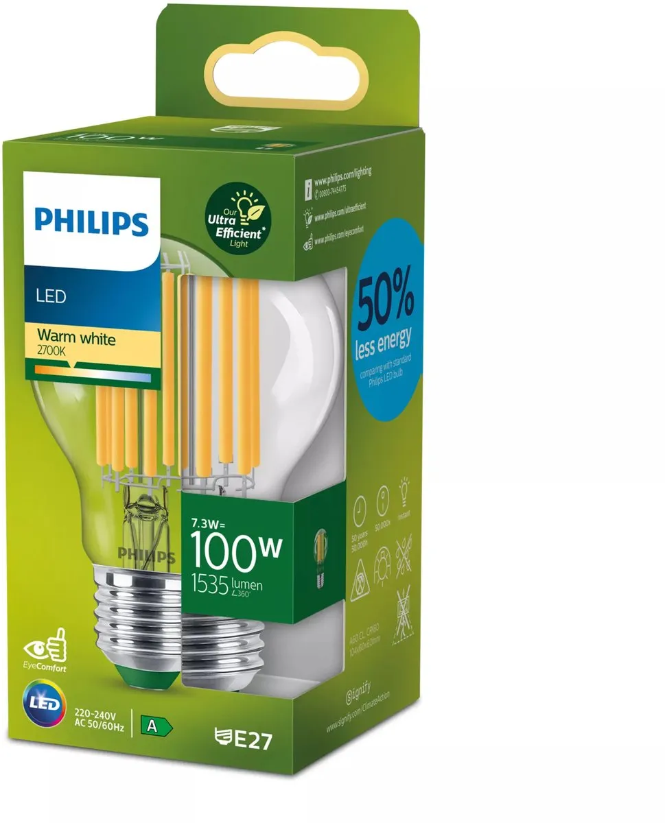 Philips Ultra Efficient LED Transparant 7.3W E27 Warmwit