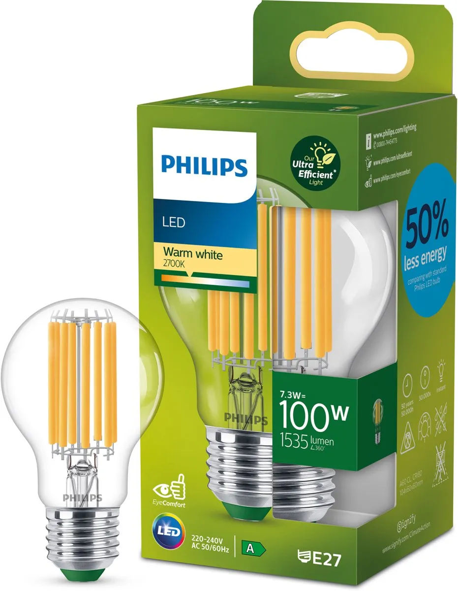 Philips Ultra Efficient LED Transparant 7.3W E27 Warmwit - afbeelding 6 van 6