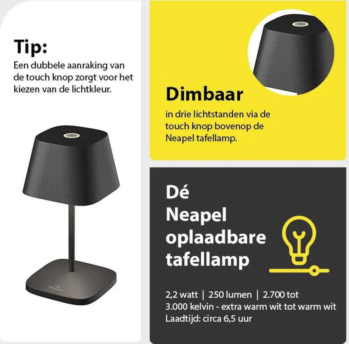 Villeroy & Boch Neaples 2.0 LED Tafellamp - Zwart - afbeelding 6 van 6