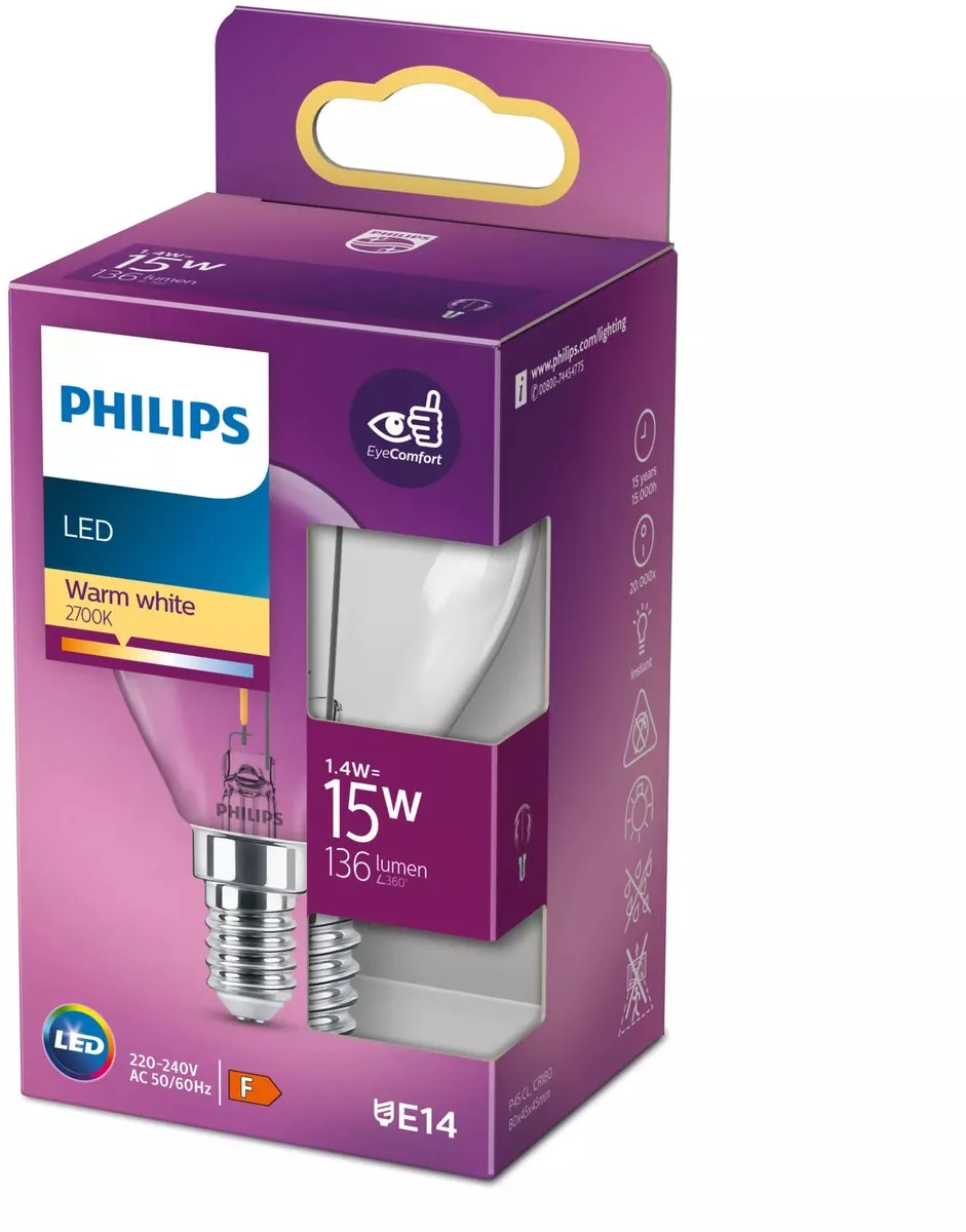 Philips LED Kogellamp Transparant 15W E14 - Warmwit