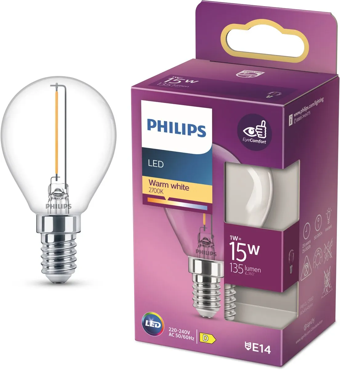 Philips LED Kogellamp Transparant 15W E14 - Warmwit