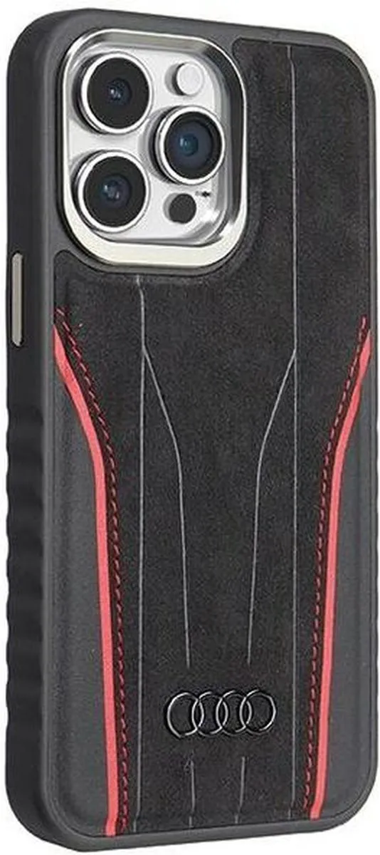 Audi Genuine Leather MagSafe iPhone 15 Pro Max Hoesje - Zwart-Rood