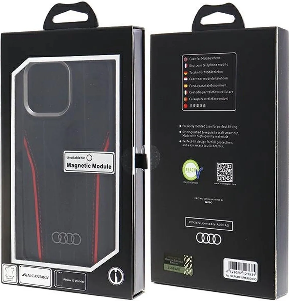 Audi Genuine Leather MagSafe iPhone 15 Pro Max Hoesje - Zwart-Rood - afbeelding 6 van 6