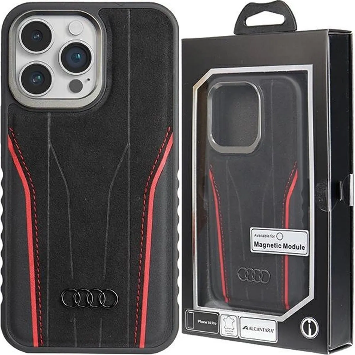 Audi Genuine Leather MagSafe iPhone 15 Pro Max Hoesje - Zwart-Rood