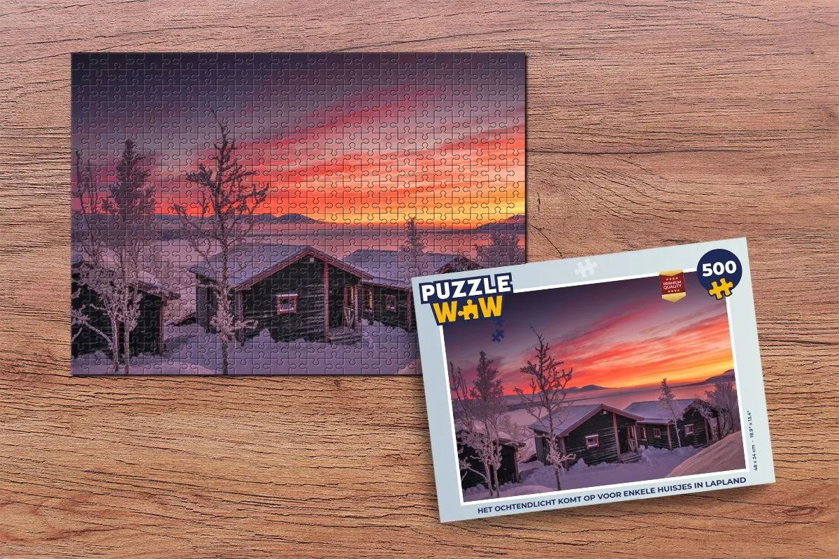 PuzzleWow Lapland Ochtendlicht Huisjes Legpuzzel 500 Stuks - Multicolor