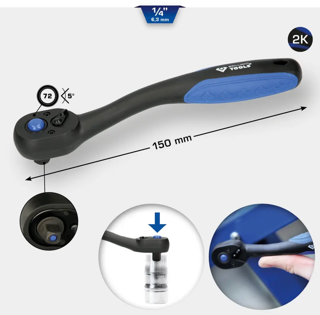 Brilliant Tools Ratel 1/4" - Blauw/Zwart - afbeelding 2 van 6