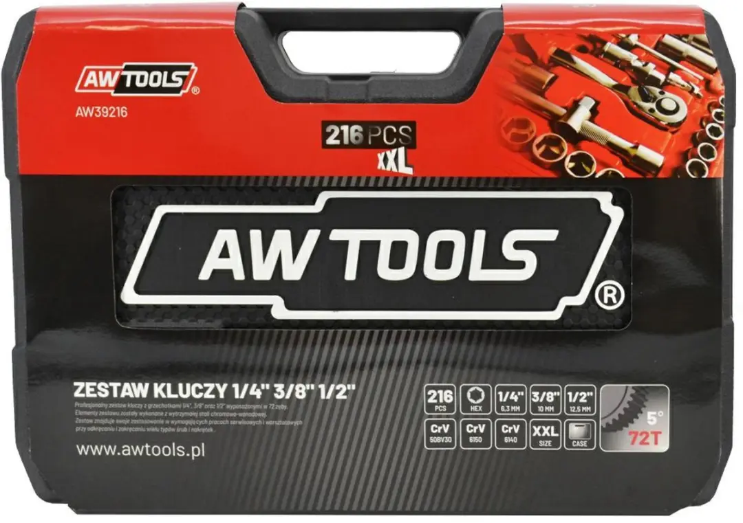 AWTOOLS Black Line Dopsleutelset 216-delig - CrV/CrMo Staal - Zwart