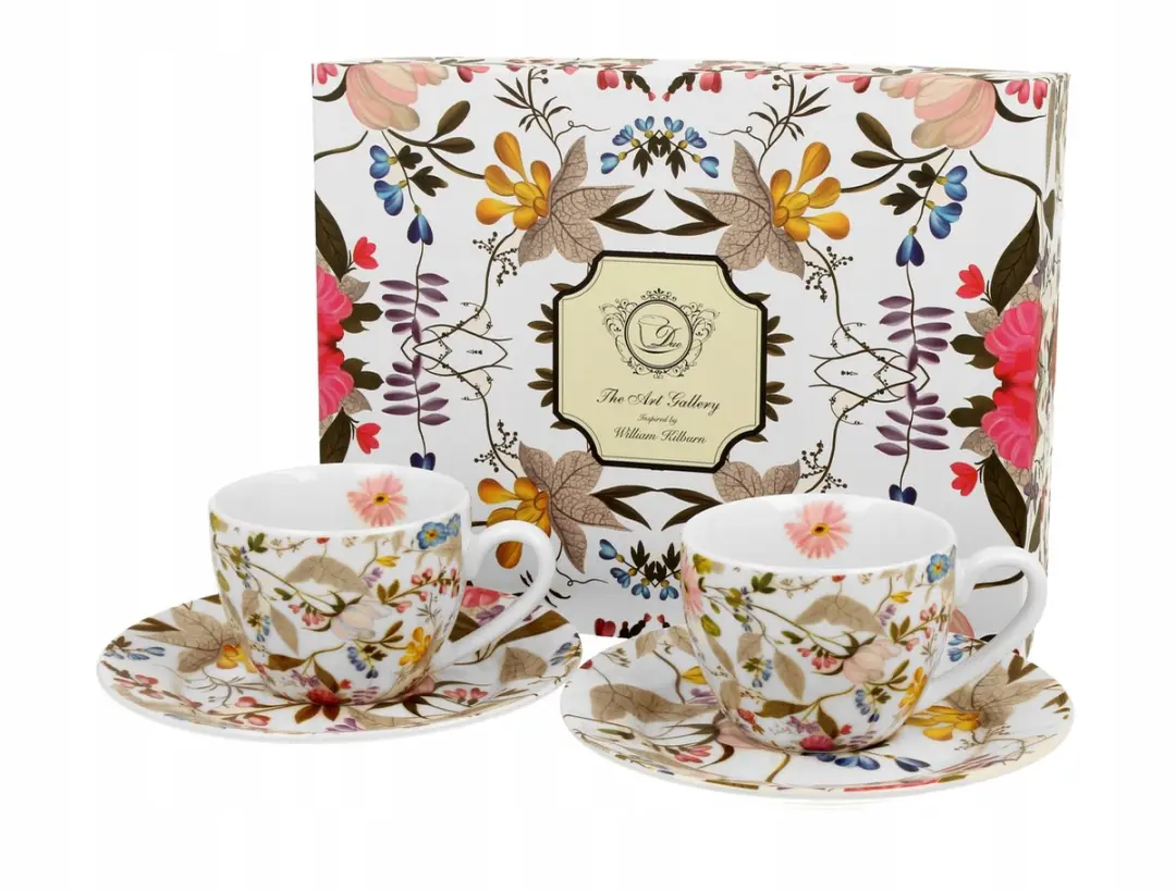 Set van 2 Witte Espresso Kopjes met Schotel, Botanisch Design