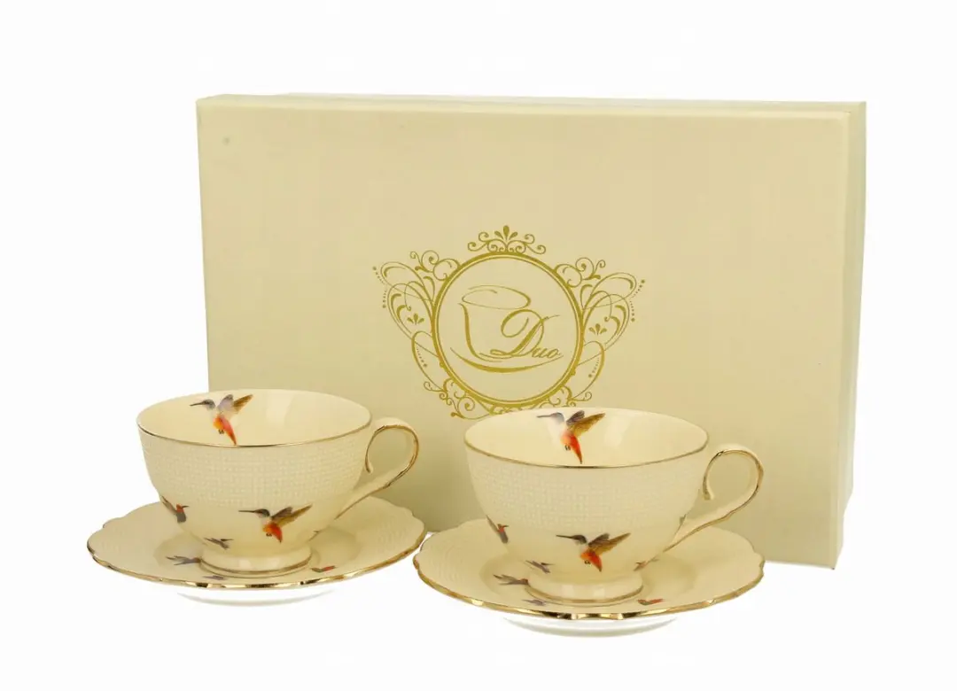 2 Espresso Kopjes met Schotels Ecru KOLIBRY
