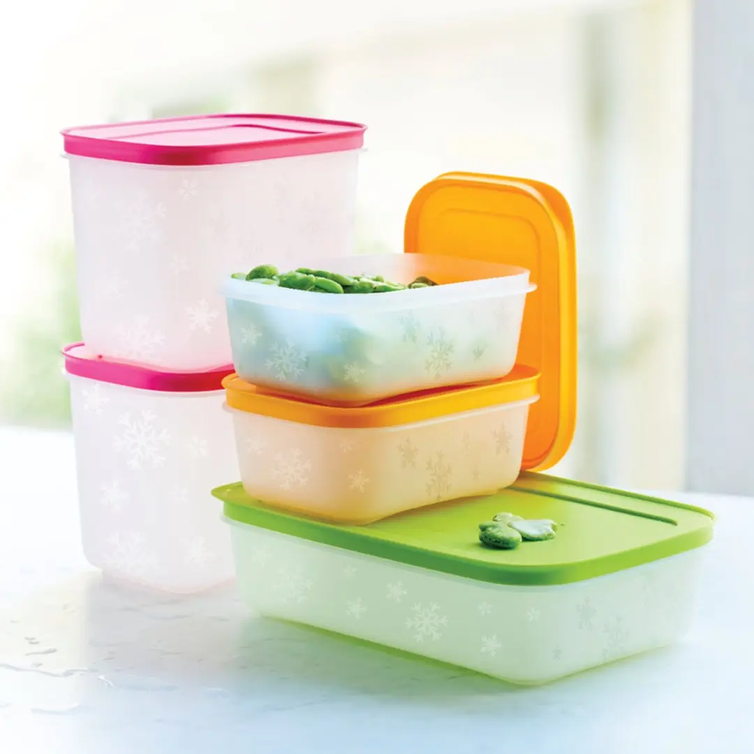 Tupperware Igloo set (5 stuks) — diepvriesdozen (groen-roze-oranje)