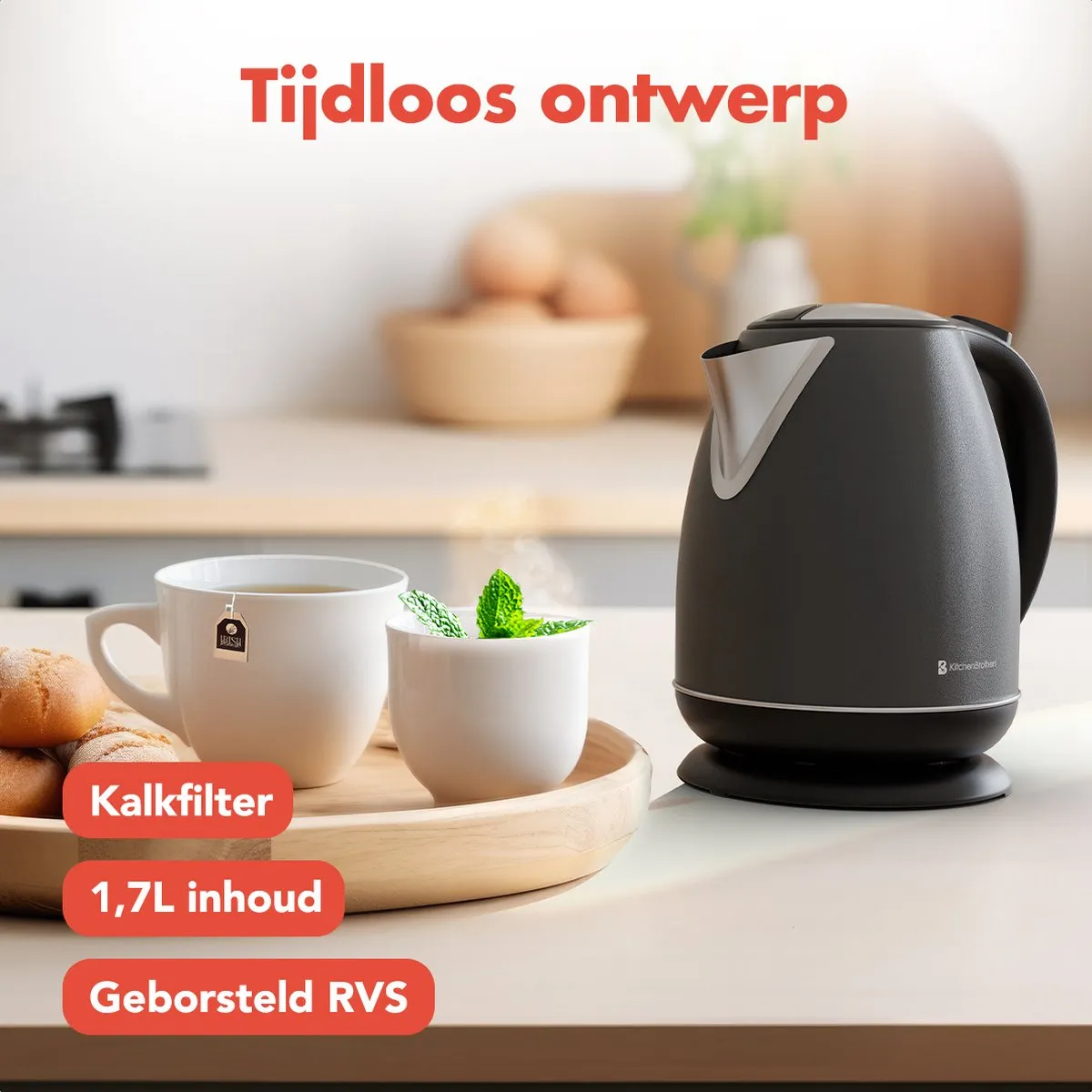 KitchenBrothers KB4070 Waterkoker 1,7L - 2200W - Titanium Grijs