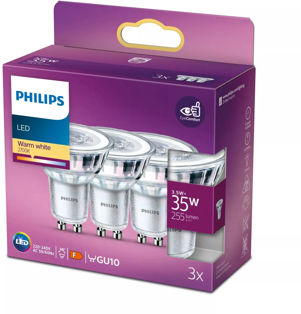 Philips LED Spot GU10 3.5W Warmwit - 3 Stuks