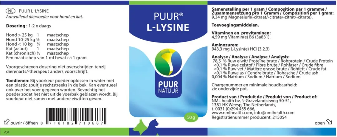 Puur L-Lysine Compleet Hond & Kat 50g