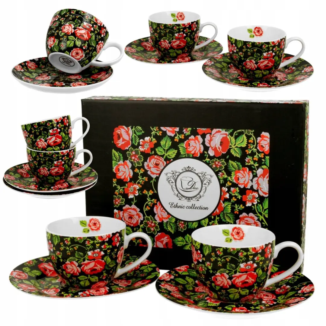 Porseleinen Kopjes met Schotels, 2 stuks, 250ml, Bloemendessin