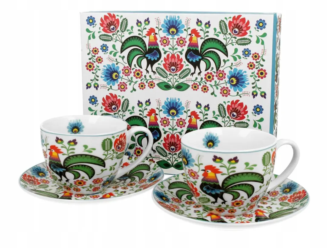 Porseleinen Koffiekopjes met Schotels, set van 2, Folk Patroon