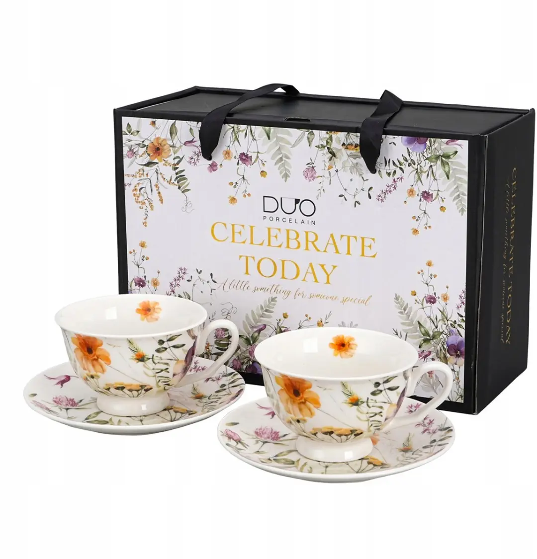 Set van 2 Porseleinen Mokken met Schotels, 250ml, Bloemendessin