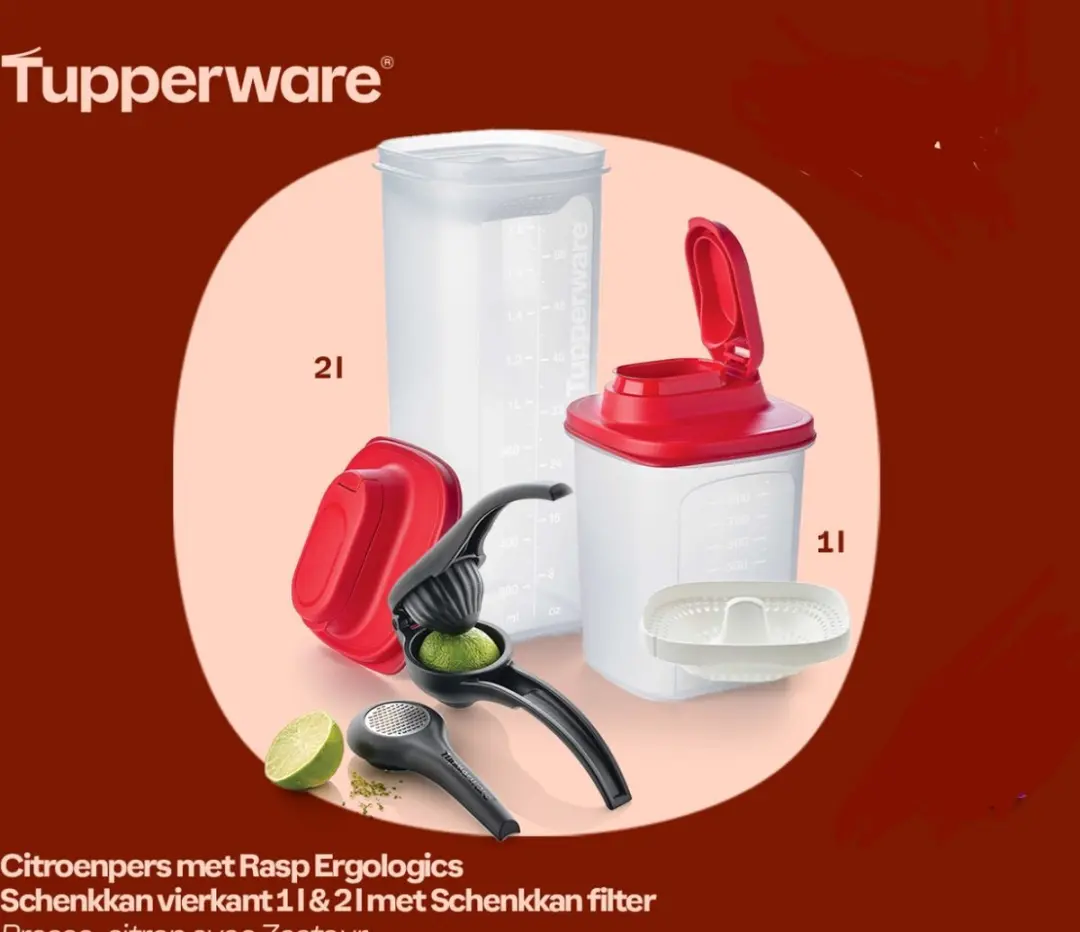 Tupperware citroenpers met rasp ergo en schenkkanvierkant 1L & 2Lmet filter