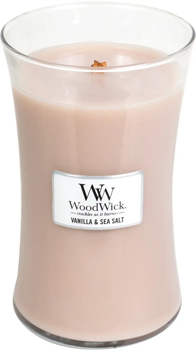 Woodwick Hourglass Geurkaars - Vanille & Zeezout 130u - Roze
