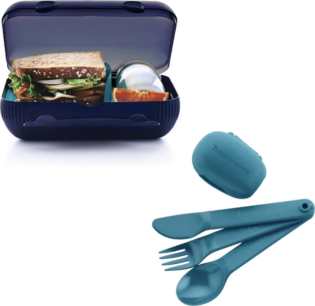 Tupperware SnackPack Blauw en Bestek Trio Bundel