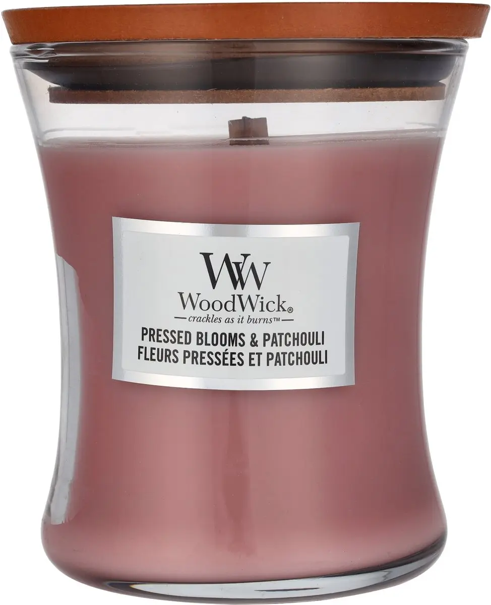 Woodwick Hourglass Geurkaars - Pressed Blooms & Patchouli 60 uur - Roze