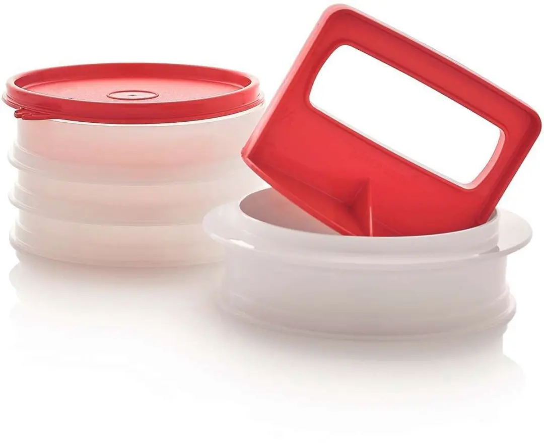Tupperware Hamburgerpers met 4 diepvriesbewaardoosjes
