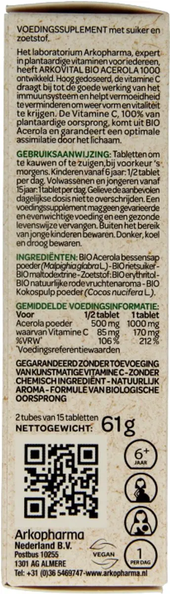 Arkopharma Arkovital Acerola 1000 Kauwtabletten - 30 Stuks