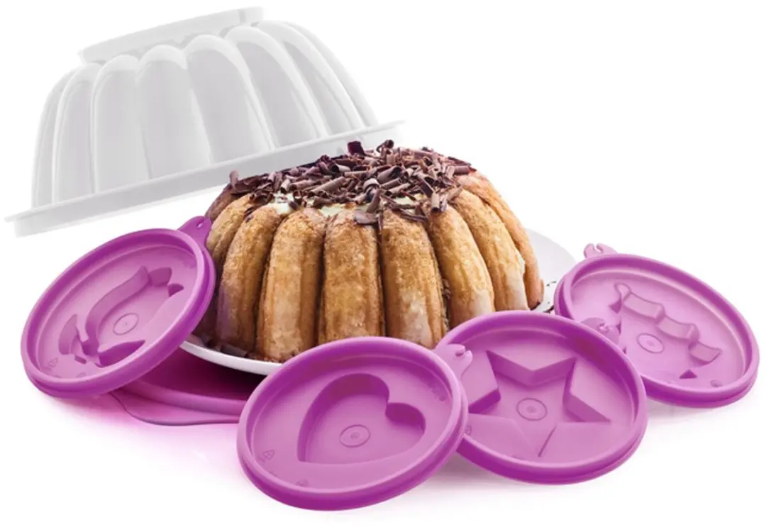 Tupperware vliegende schotel/ Puddingvorm met Klein vormpjes paars