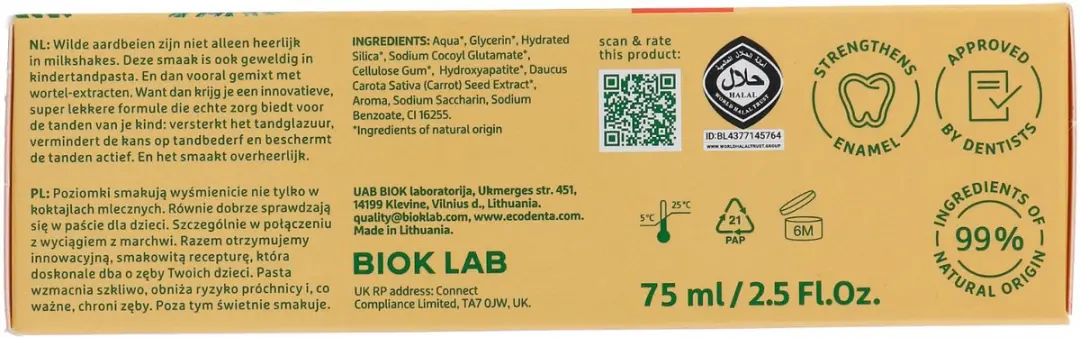 Ecodenta Aardbei Tandpasta 75ml - Kinderen