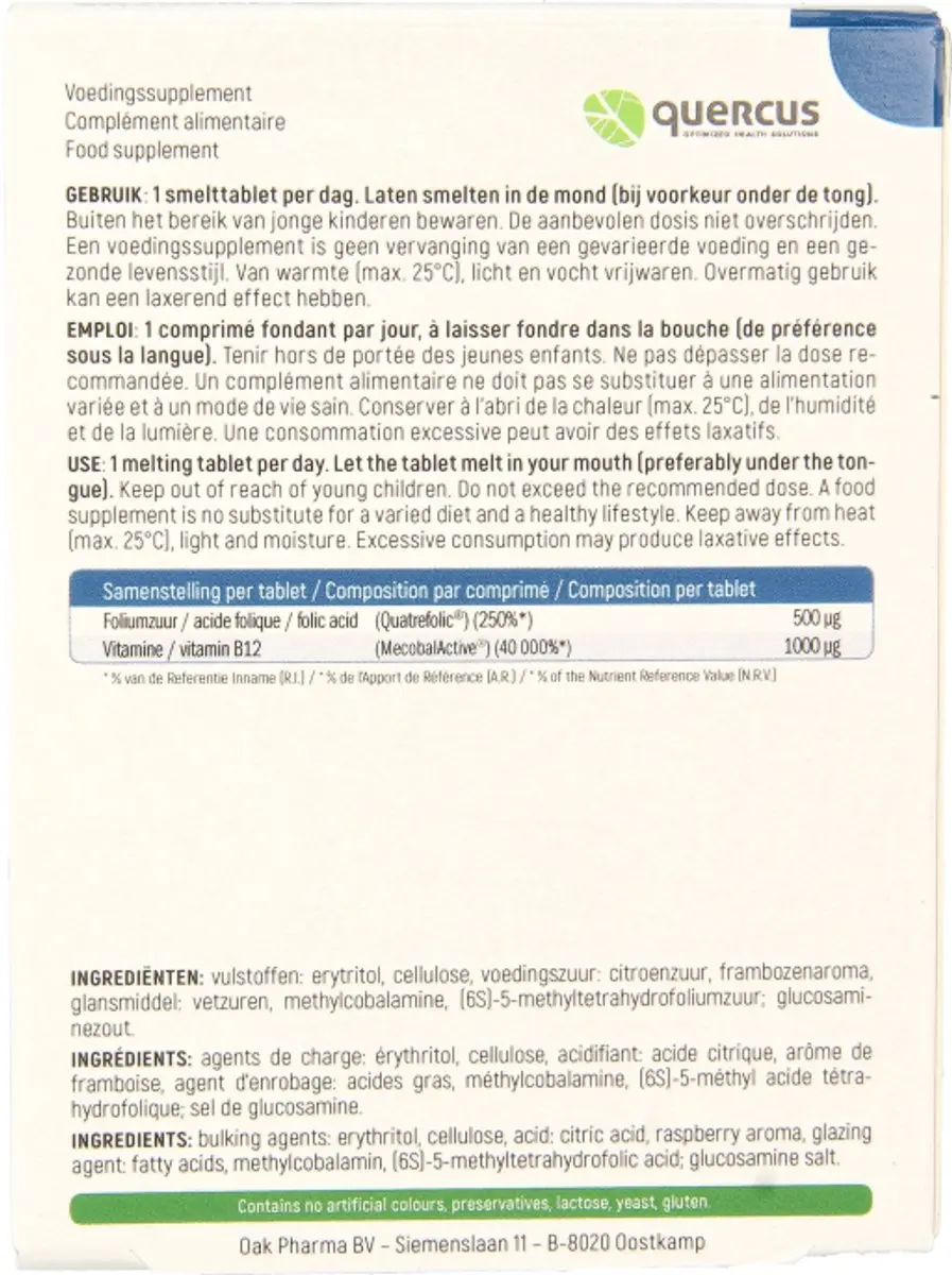 Quercus Folate B12 80 Tabletten
