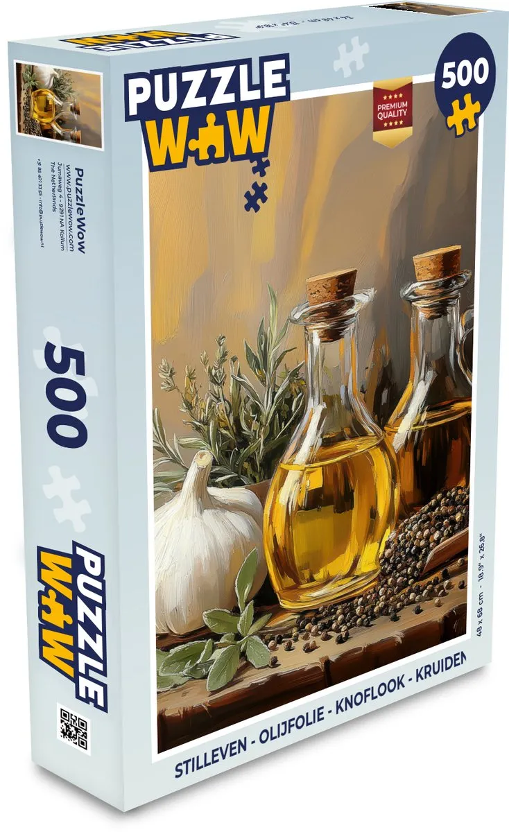 PuzzleWow Stilleven Legpuzzel 500 Stuks - Olijfolie/Knoflook/Kruiden