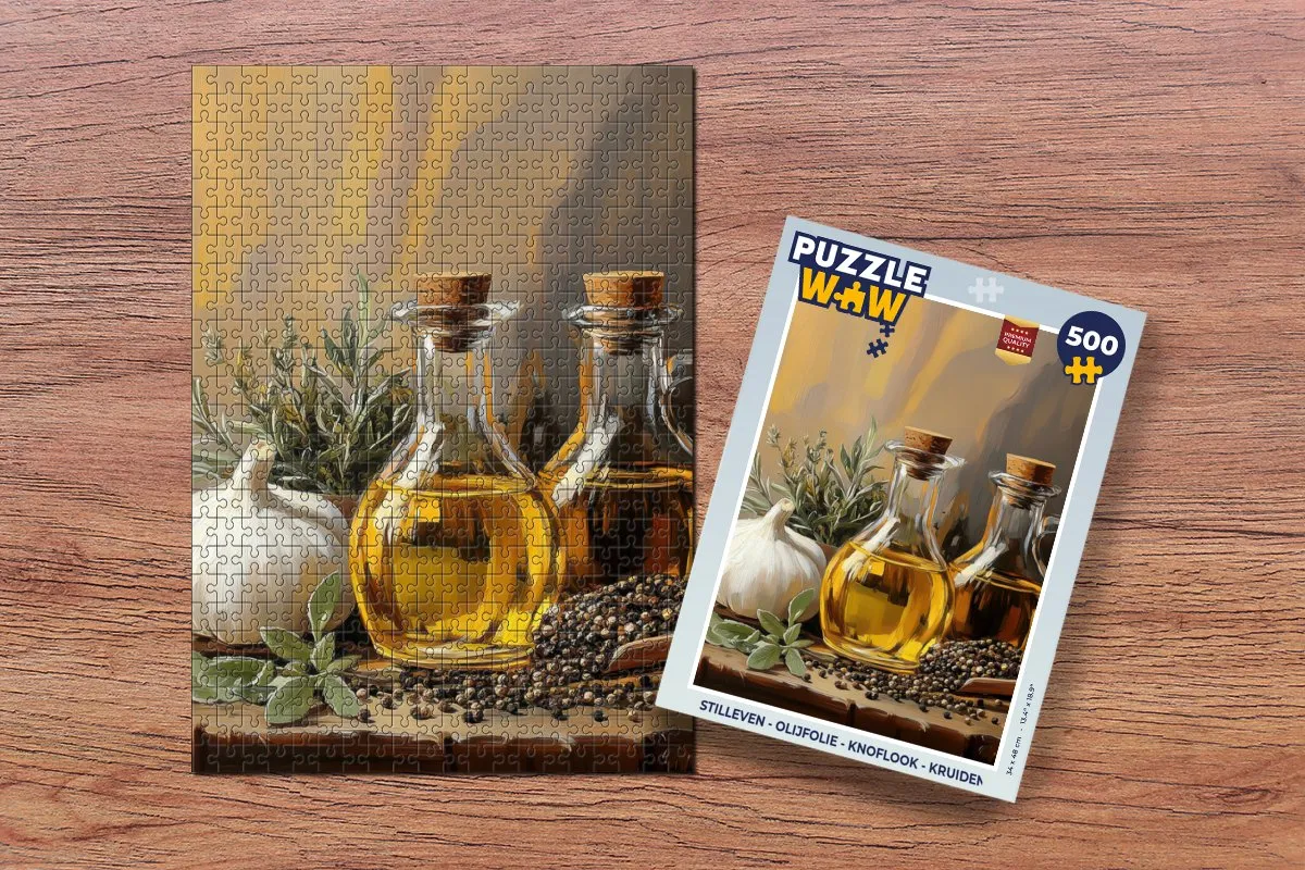 PuzzleWow Stilleven Legpuzzel 500 Stuks - Olijfolie/Knoflook/Kruiden