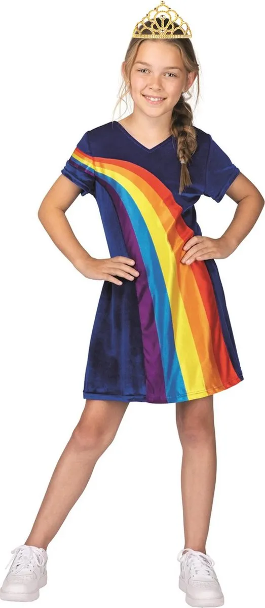 K3 Regenboogjurkje 134 - Blauw - Met gouden kroontje