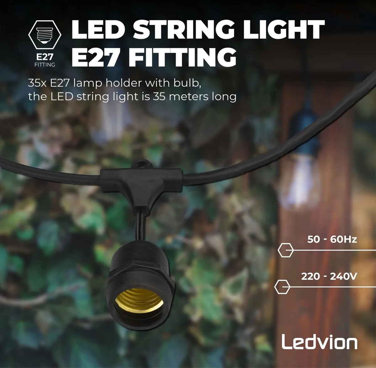 LEDVION Prikkabel 35m - 35x E27 LED 35W 2100K Zilver - IP65