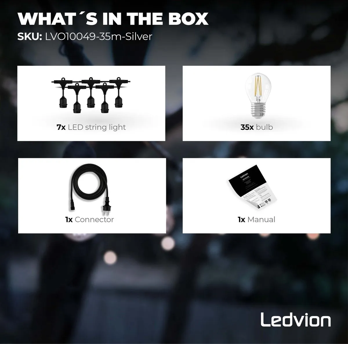 LEDVION Prikkabel 35m - 35x E27 LED 35W 2100K Zilver - IP65
