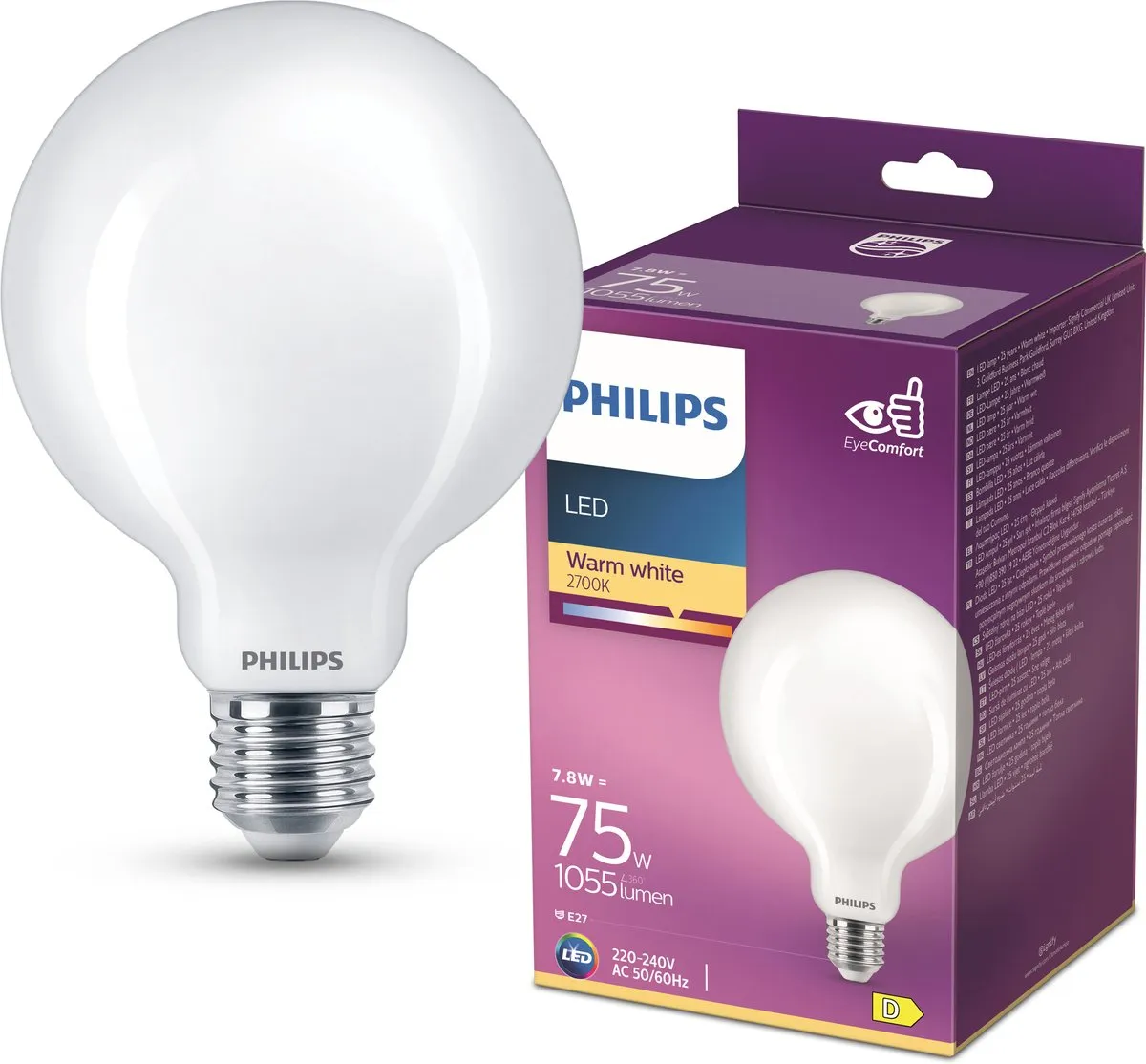 Philips LED Globelamp E27 8.5W Warmwit Mat