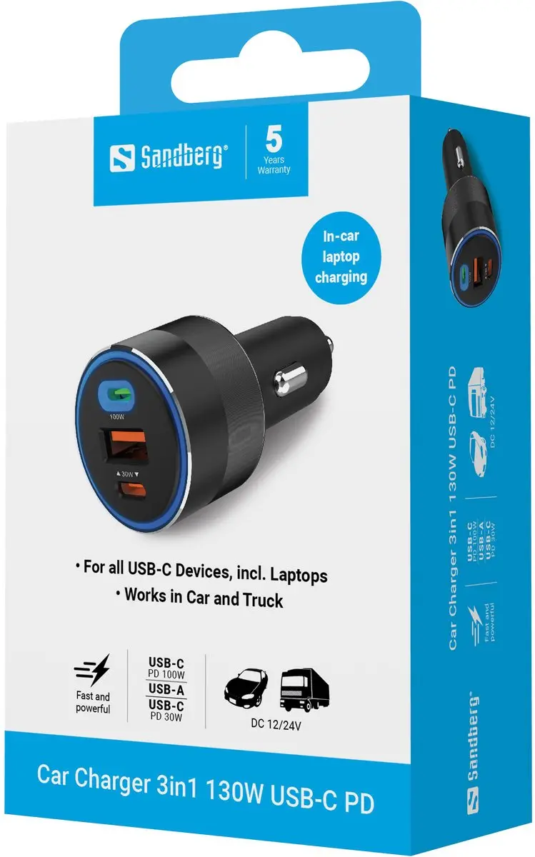 Sandberg 441-49 Car Charger 3-in-1 130W USB-C - Zwart - afbeelding 2 van 6