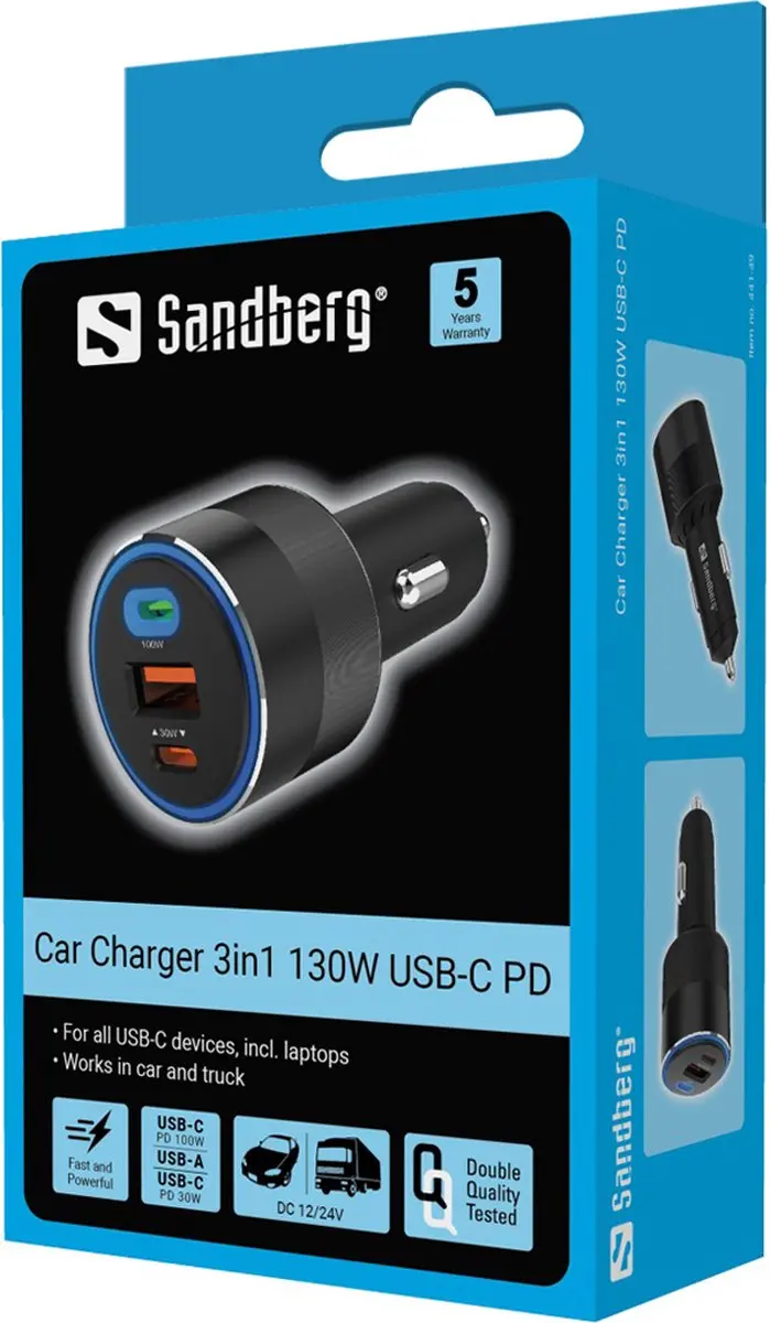 Sandberg 441-49 Car Charger 3-in-1 130W USB-C - Zwart - afbeelding 6 van 6