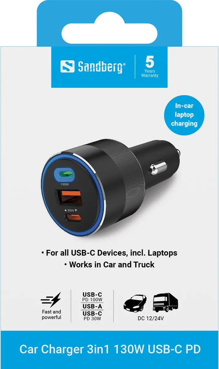 Sandberg 441-49 Car Charger 3-in-1 130W USB-C - Zwart - afbeelding 4 van 6