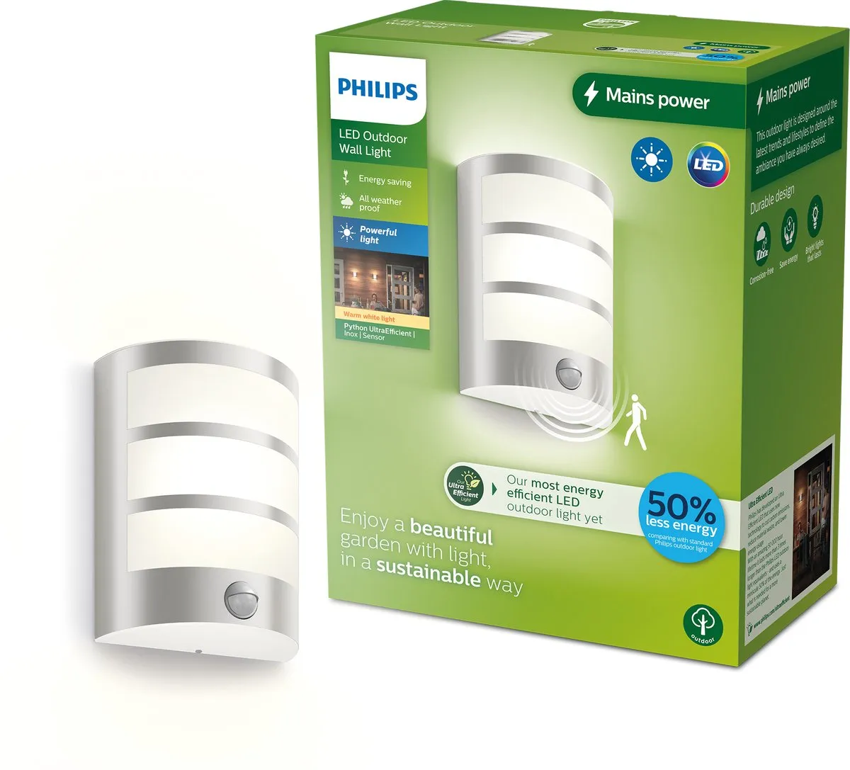 Philips Python Wandlamp 3,8W - Inox - Met Sensor