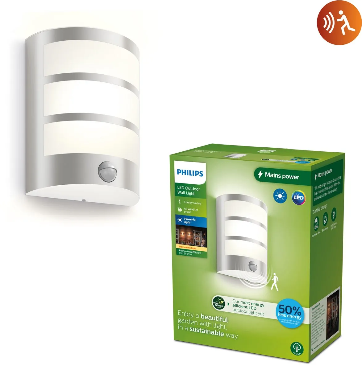 Philips Python Wandlamp 3,8W - Inox - Met Sensor