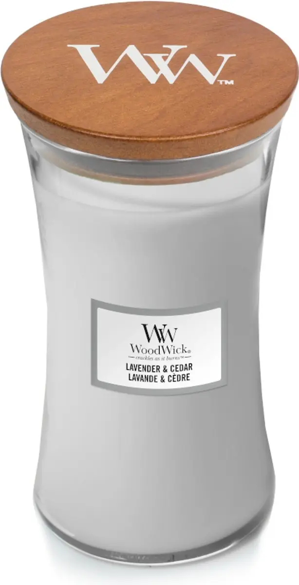 Woodwick Hourglass Geurkaars Lavender & Cedar 130u - Paars