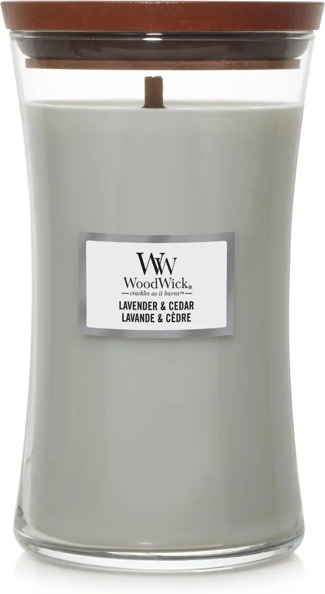 Woodwick Hourglass Geurkaars Lavender & Cedar 130u - Paars