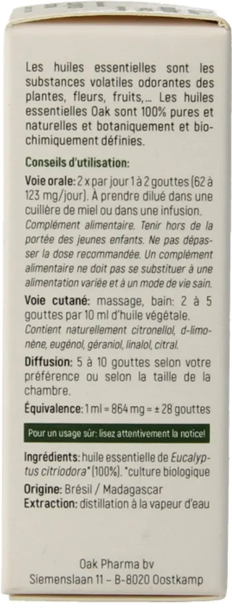 Oak Organic Citroeneucalyptus Bio 10ml - 10 Stuks