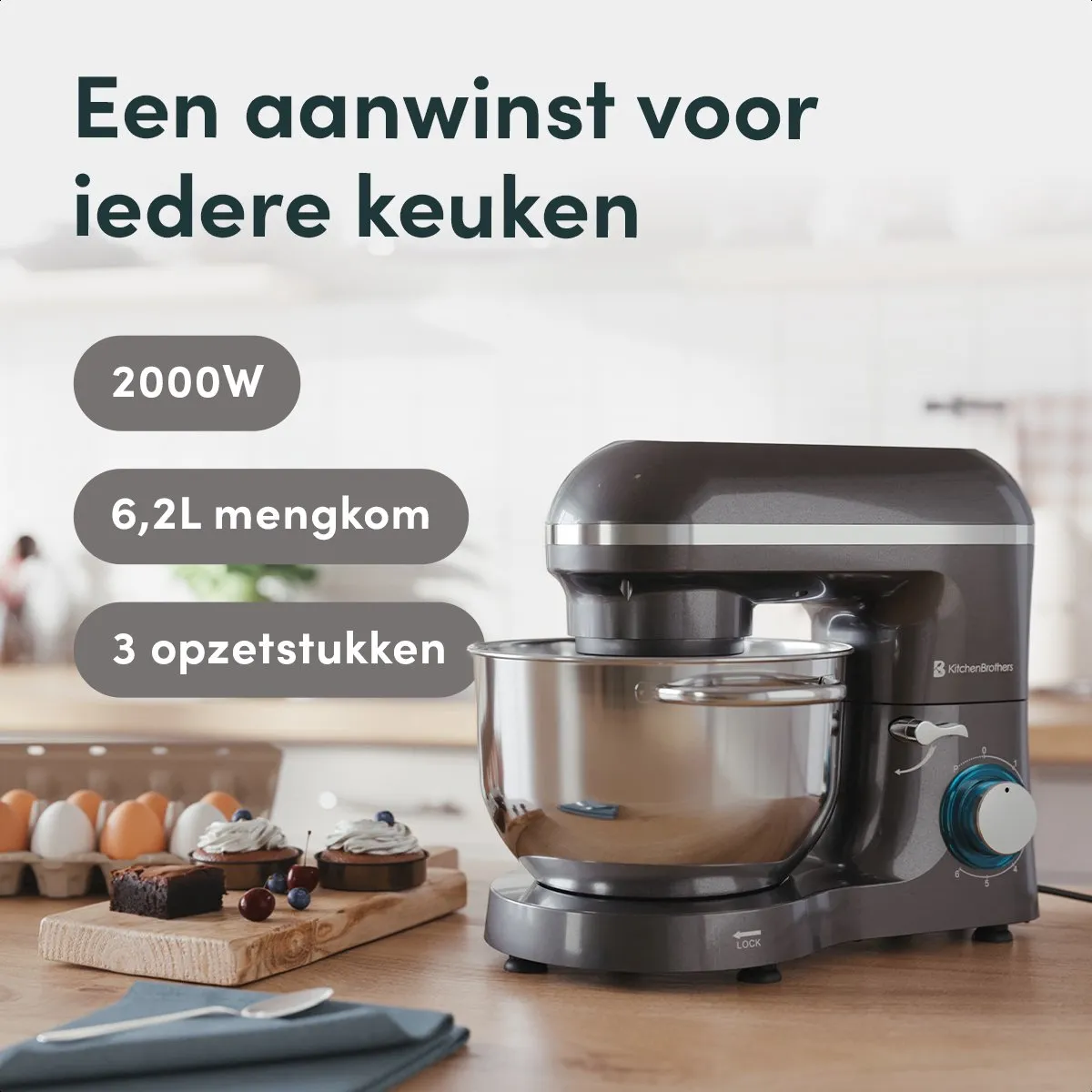KitchenBrothers 2000W Keukenmachine - 7 Snelheden - 6,2L - Antraciet