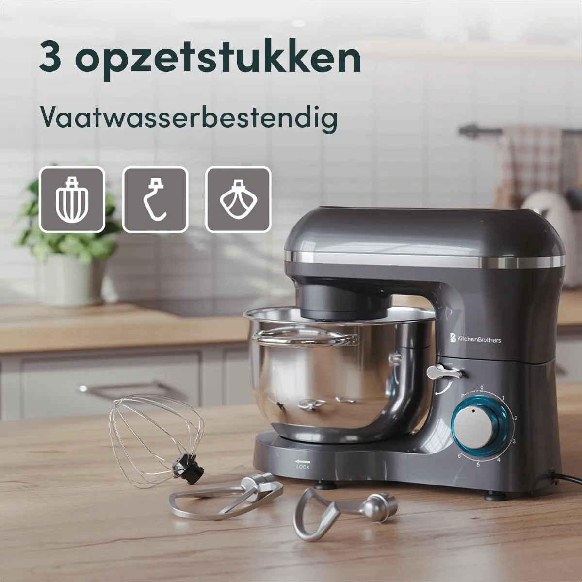 KitchenBrothers 2000W Keukenmachine - 7 Snelheden - 6,2L - Antraciet