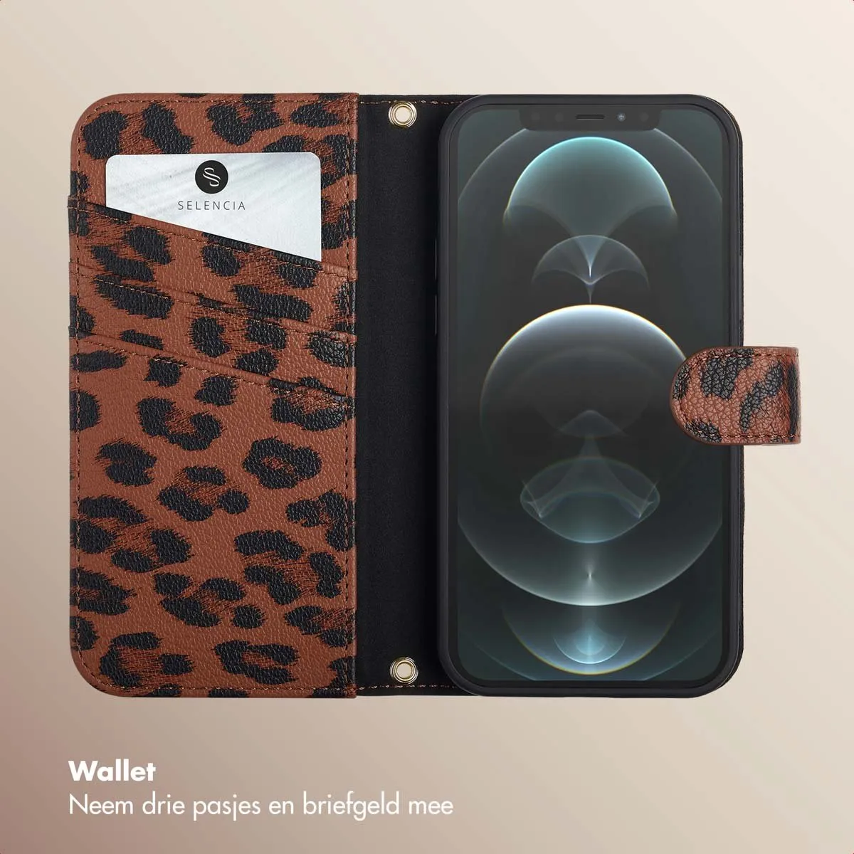 Selencia Hoesje iPhone 12 Pro - Sabi Bookcase Panterprint Bruin