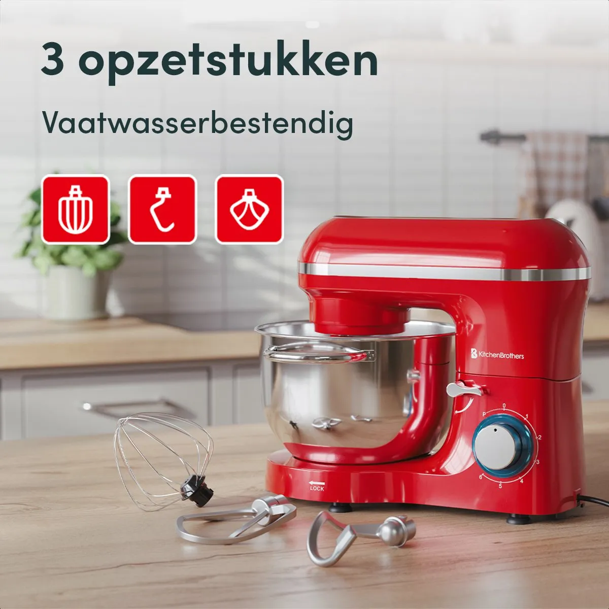 KitchenBrothers 2000W Keukenmachine - 7 Snelheden - 6,2L - Rood