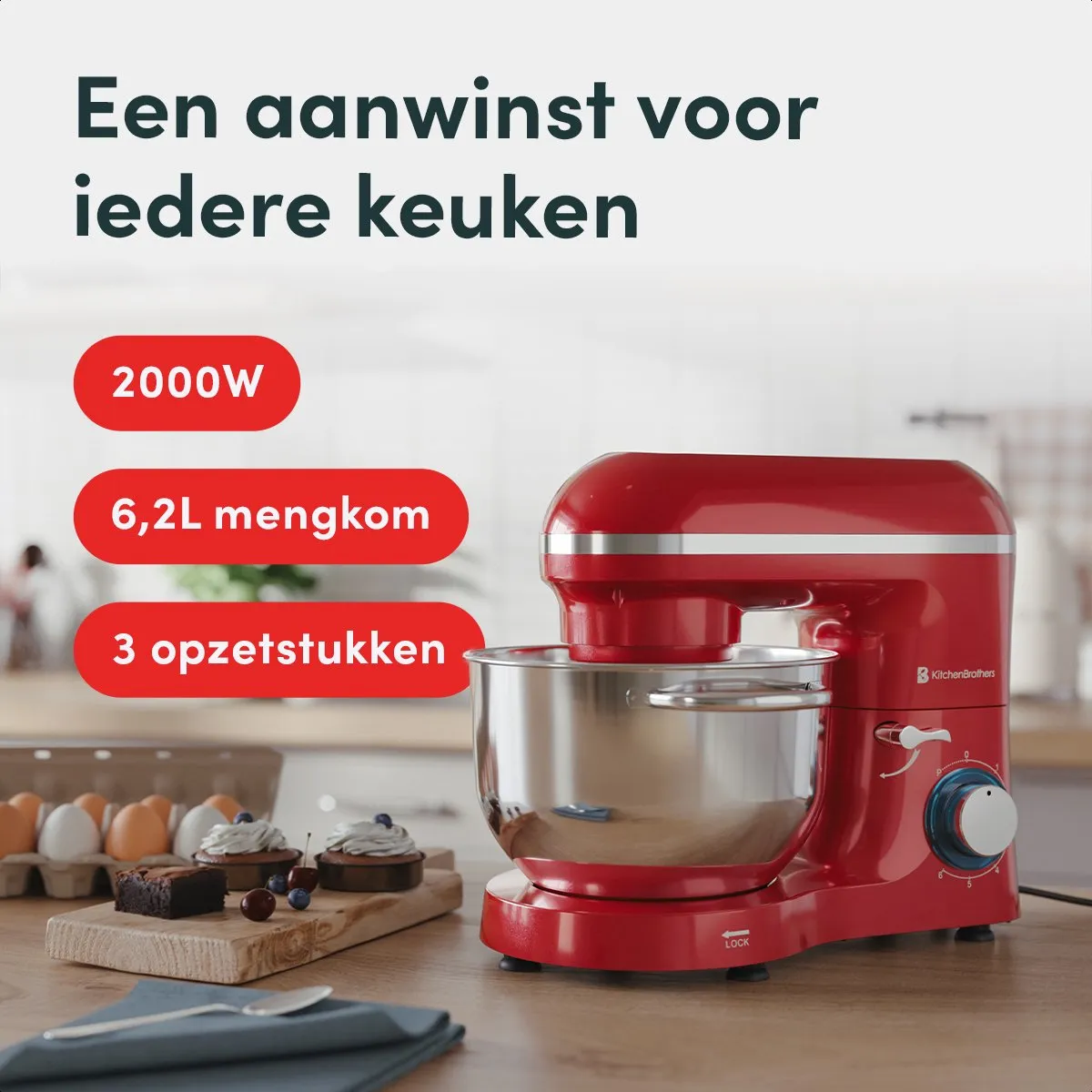 KitchenBrothers 2000W Keukenmachine - 7 Snelheden - 6,2L - Rood